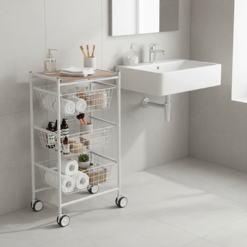 Carrello da cucina AXO, 3 grandi cesti estraibili, bianco-faggio