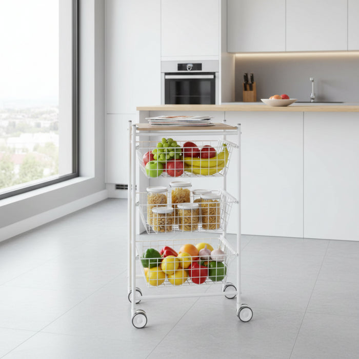 Carrello da cucina AXO, 3 grandi cesti estraibili, bianco-faggio