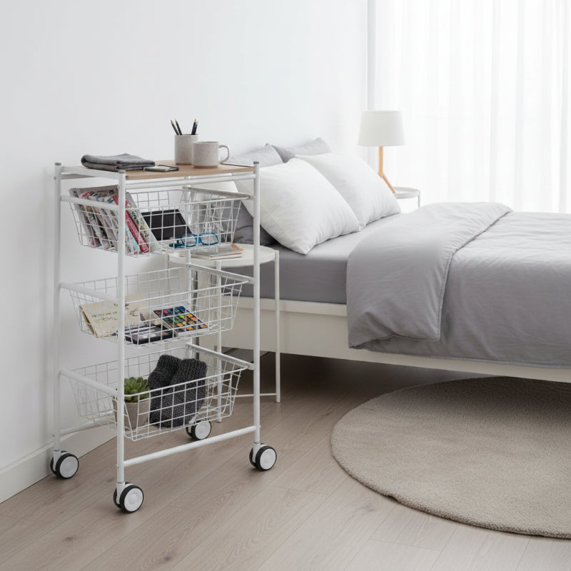 Carrello da cucina AXO, 3 grandi cesti estraibili, bianco-faggio