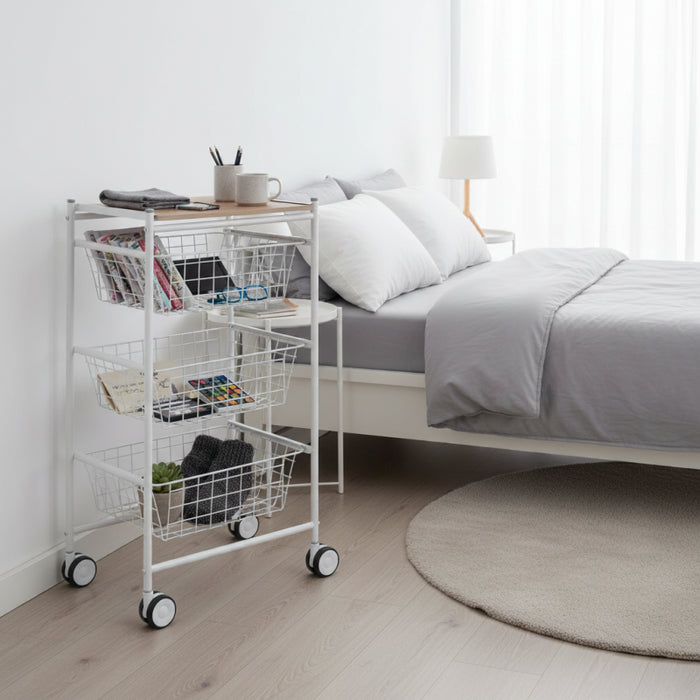 Carrello da cucina AXO, 3 grandi cesti estraibili, bianco-faggio