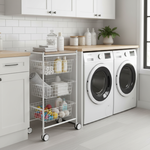 Carrello da cucina AXO, 3 grandi cesti estraibili, bianco-faggio