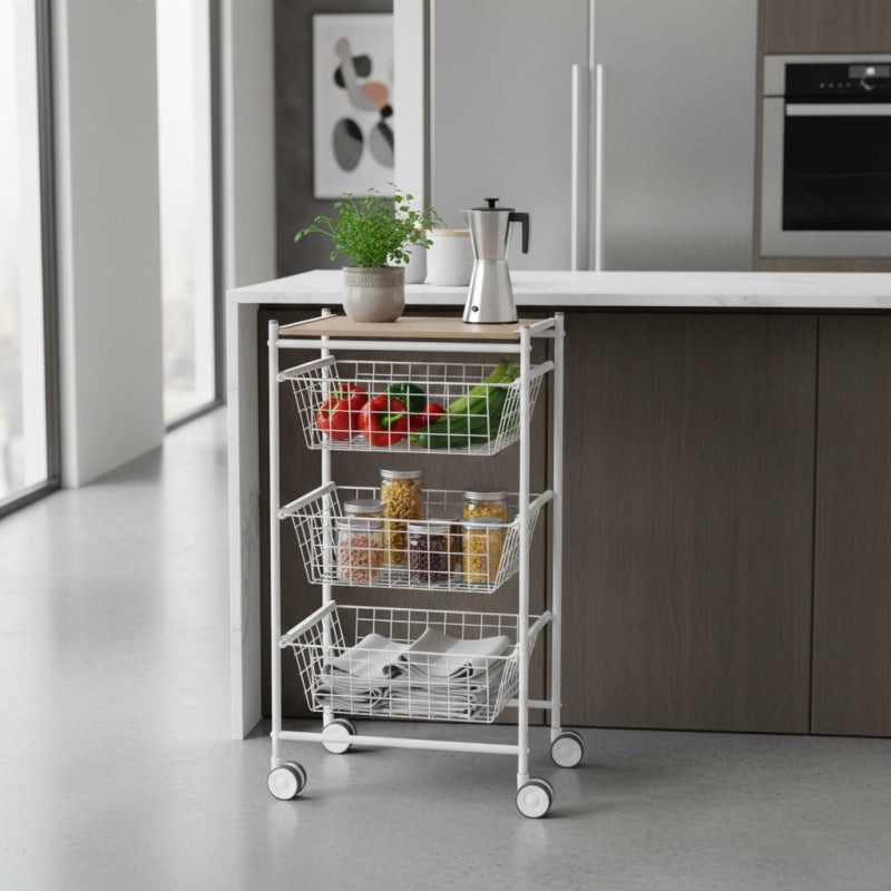 Carrello da cucina AXO, 3 grandi cesti estraibili, bianco-faggio