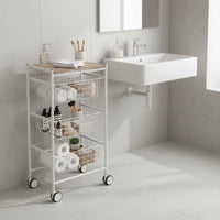 Carrello da cucina AXO, 3 grandi cesti estraibili, bianco-faggio