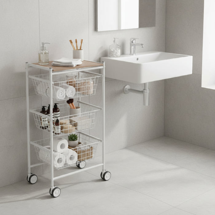 Carrello da cucina AXO, 3 grandi cesti estraibili, bianco-faggio