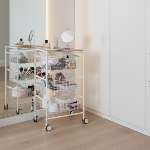Carrello da cucina AXO, 3 grandi cesti estraibili, bianco-faggio