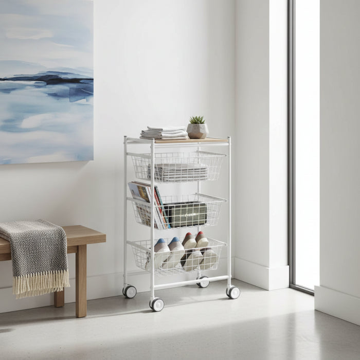 Carrello da cucina AXO, 3 grandi cesti estraibili, bianco-faggio