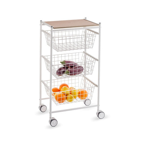 Carrello da cucina AXO, 3 grandi cesti estraibili, bianco-faggio