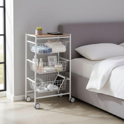 Carrello da cucina AXO, 3 grandi cesti estraibili, bianco-faggio