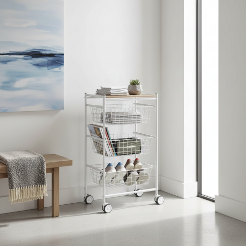 Carrello da cucina AXO, 3 grandi cesti estraibili, bianco-faggio