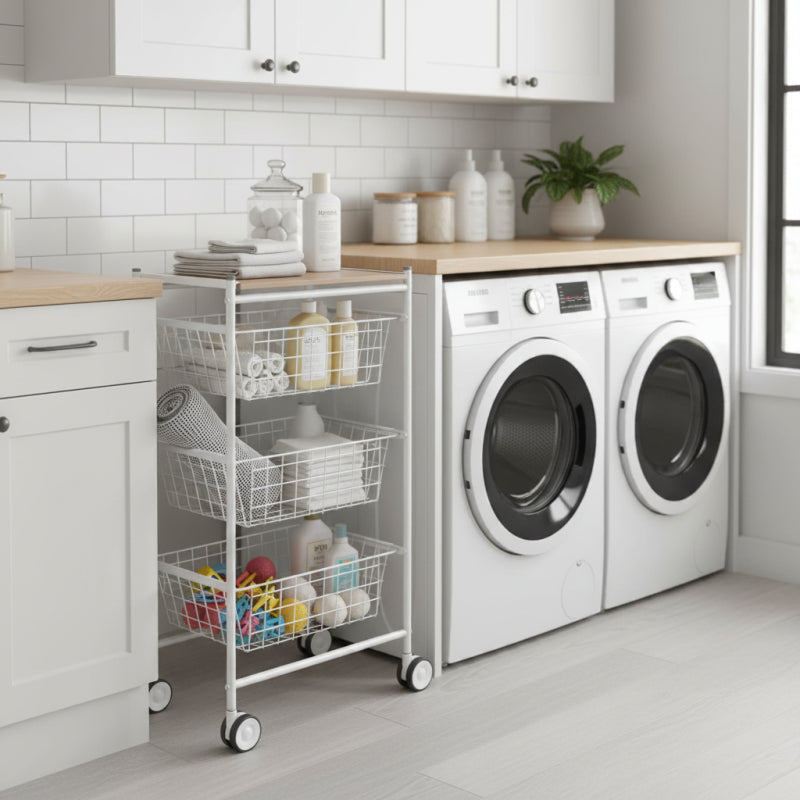 Carrello da cucina AXO, 3 grandi cesti estraibili, bianco-faggio