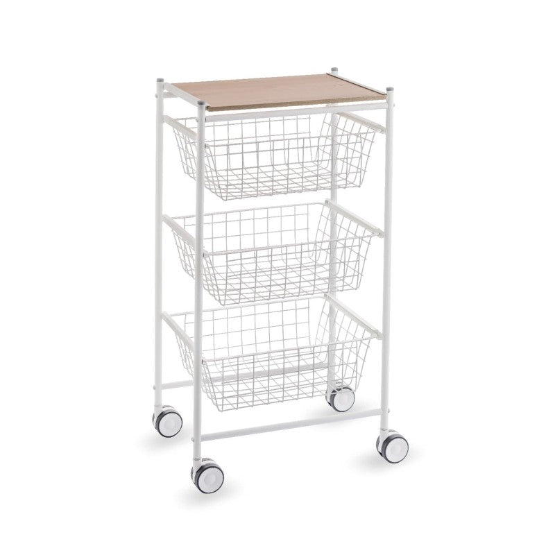 Carrello da cucina AXO, 3 grandi cesti estraibili, bianco-faggio