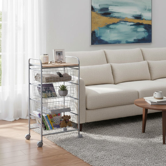 Carrello da Cucina BEECH con 4 Cestelli Estraibili – Struttura Grigia in Metallo e Piano in Faggio, Mobile Multiuso con Ruote