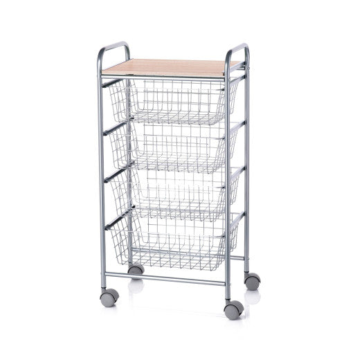 Carrello da Cucina BEECH con 4 Cestelli Estraibili – Struttura Grigia in Metallo e Piano in Faggio, Mobile Multiuso con Ruote