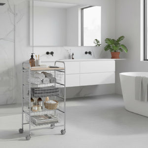 Carrello da Cucina BEECH con 4 Cestelli Estraibili – Struttura Grigia in Metallo e Piano in Faggio, Mobile Multiuso con Ruote