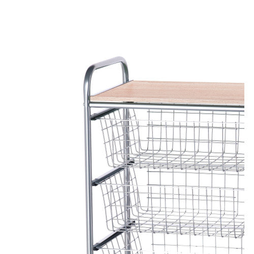 Carrello da Cucina BEECH con 4 Cestelli Estraibili – Struttura Grigia in Metallo e Piano in Faggio, Mobile Multiuso con Ruote