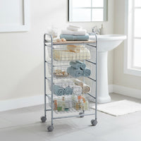 Carrello da Cucina BEECH con 4 Cestelli Estraibili – Struttura Grigia in Metallo e Piano in Faggio, Mobile Multiuso con Ruote