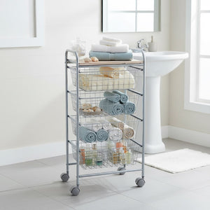 Carrello da Cucina BEECH con 4 Cestelli Estraibili – Struttura Grigia in Metallo e Piano in Faggio, Mobile Multiuso con Ruote