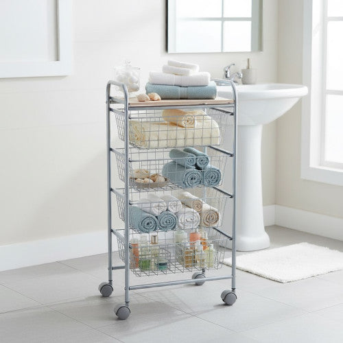 Carrello da Cucina BEECH con 4 Cestelli Estraibili – Struttura Grigia in Metallo e Piano in Faggio, Mobile Multiuso con Ruote