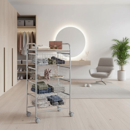 Carrello da Cucina BEECH con 4 Cestelli Estraibili – Struttura Grigia in Metallo e Piano in Faggio, Mobile Multiuso con Ruote