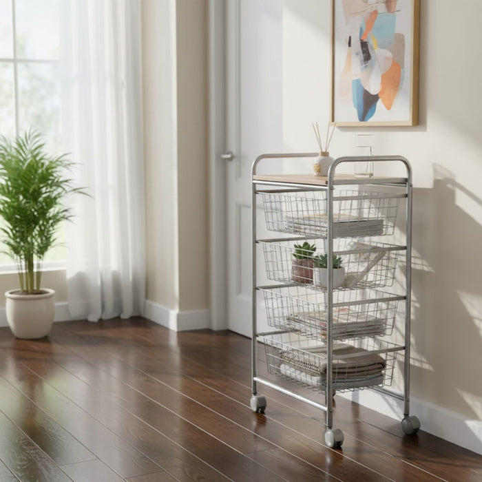 Carrello da Cucina BEECH con 4 Cestelli Estraibili – Struttura Grigia in Metallo e Piano in Faggio, Mobile Multiuso con Ruote