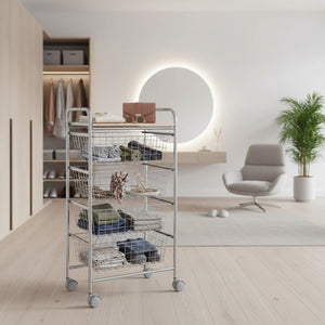 Carrello da Cucina BEECH con 4 Cestelli Estraibili – Struttura Grigia in Metallo e Piano in Faggio, Mobile Multiuso con Ruote