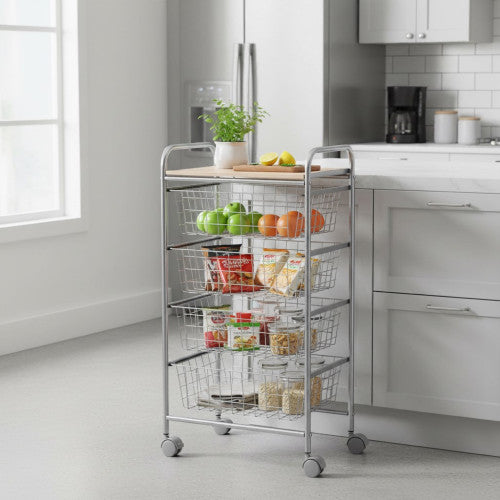 Carrello da Cucina BEECH con 4 Cestelli Estraibili – Struttura Grigia in Metallo e Piano in Faggio, Mobile Multiuso con Ruote