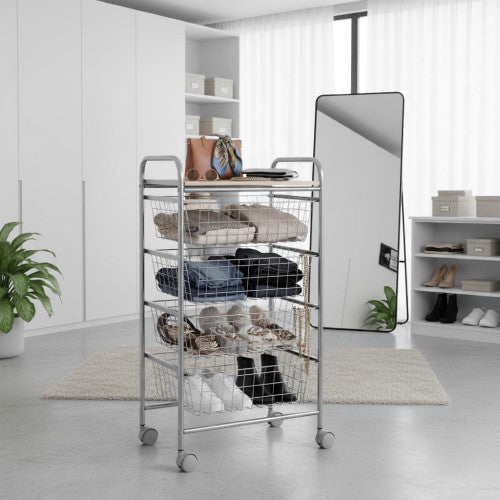 Carrello da Cucina BEECH con 4 Cestelli Estraibili – Struttura Grigia in Metallo e Piano in Faggio, Mobile Multiuso con Ruote