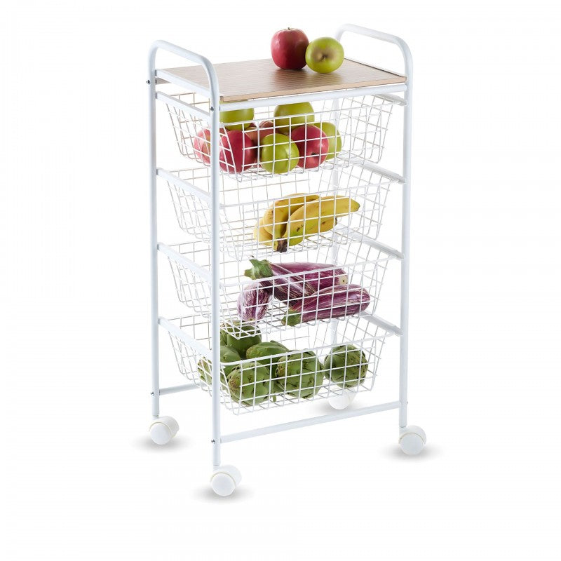 Carrello da cucina, Carrello portatutto, 4 cestini, piano di lavoro in betulla con effetto Listellato, NORA