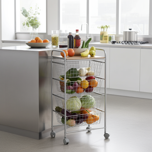 Carrello da cucina, Carrello portatutto, 4 cestini, piano di lavoro in betulla con effetto Listellato, NORA