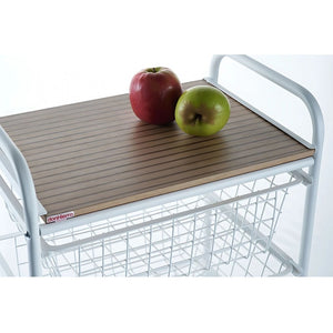 Carrello da cucina, Carrello portatutto, 4 cestini, piano di lavoro in betulla con effetto Listellato, NORA