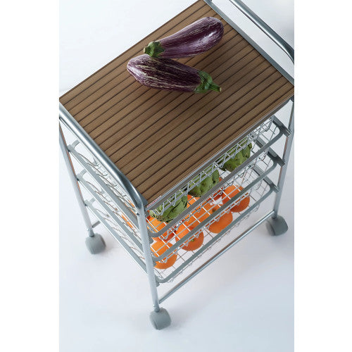 Carrello da cucina, Carrello portatutto, 4 cestini, piano di lavoro in betulla con effetto Listellato, NORA