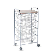 Carrello da cucina, Carrello portatutto, 4 cestini, piano di lavoro in betulla con effetto Listellato, NORA