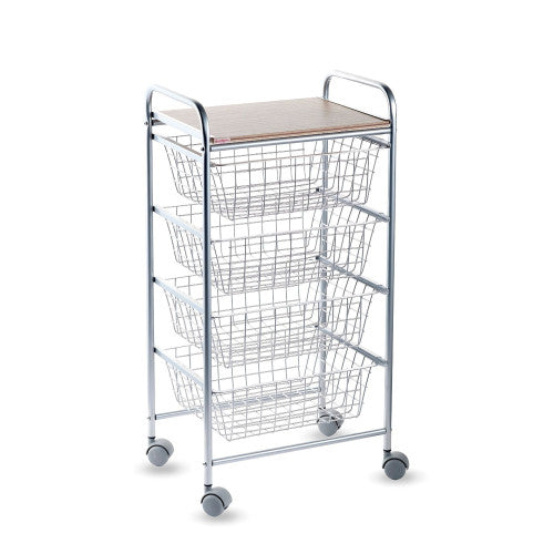Carrello da cucina, Carrello portatutto, 4 cestini, piano di lavoro in betulla con effetto Listellato, NORA