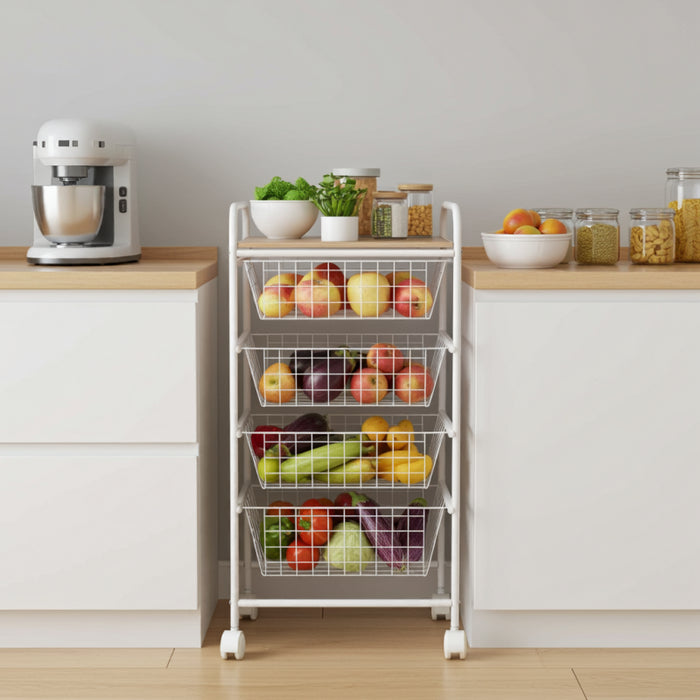 Carrello da cucina, Carrello portatutto, 4 cestini, piano di lavoro in betulla con effetto Listellato, NORA