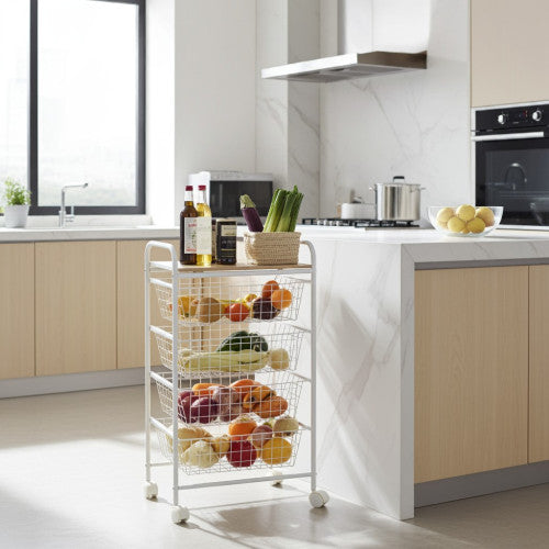 Carrello da cucina, Carrello portatutto, 4 cestini, piano di lavoro in betulla con effetto Listellato, NORA