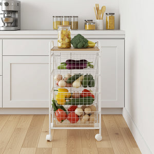 Carrello da cucina, Carrello portatutto, 4 cestini, piano di lavoro in betulla con effetto Listellato, NORA