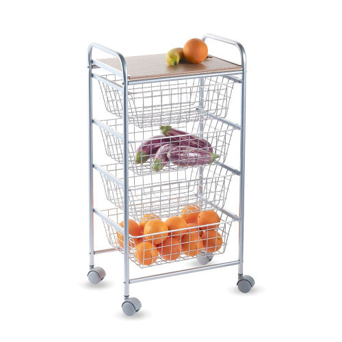 Carrello da cucina, Carrello portatutto, 4 cestini, piano di lavoro in betulla con effetto Listellato, NORA