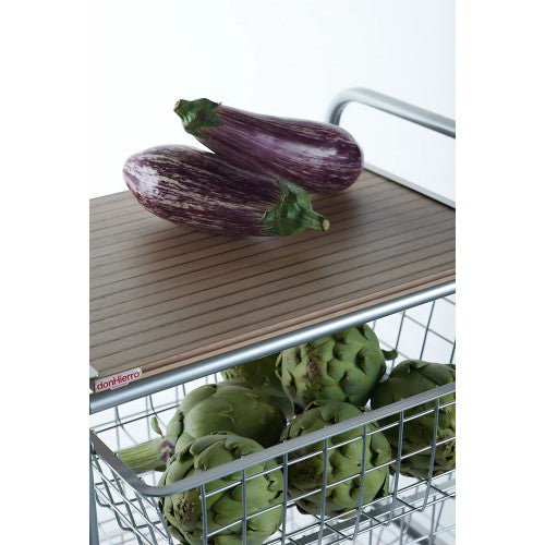 Carrello da cucina, Carrello portatutto, 4 cestini, piano di lavoro in betulla con effetto Listellato, NORA
