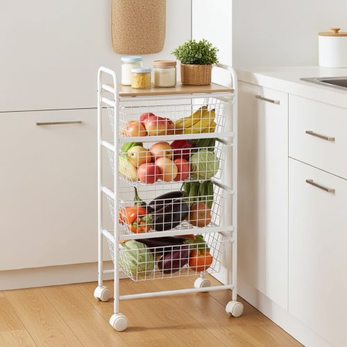 Carrello da cucina, Carrello portatutto, 4 cestini, piano di lavoro in betulla con effetto Listellato, NORA