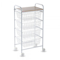 Carrello da cucina, Carrello portatutto, 4 cestini, piano di lavoro in betulla con effetto Listellato, NORA