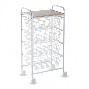 Carrello da cucina, Carrello portatutto, 4 cestini, piano di lavoro in betulla con effetto Listellato, NORA