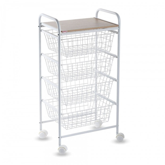 Carrello da cucina, Carrello portatutto, 4 cestini, piano di lavoro in betulla con effetto Listellato, NORA