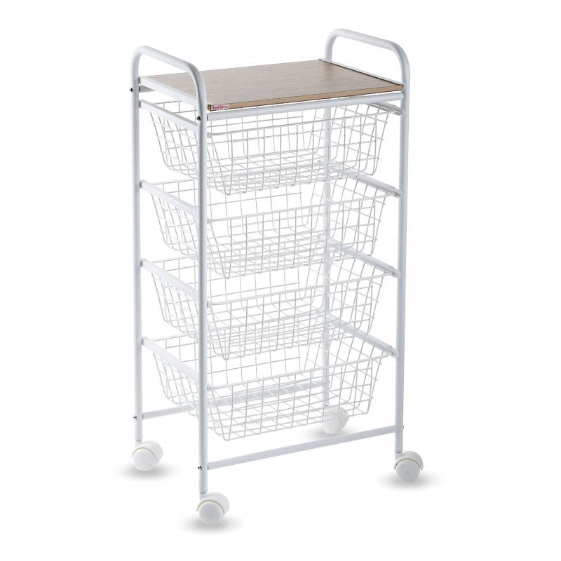 Carrello da cucina, Carrello portatutto, 4 cestini, piano di lavoro in betulla con effetto Listellato, NORA