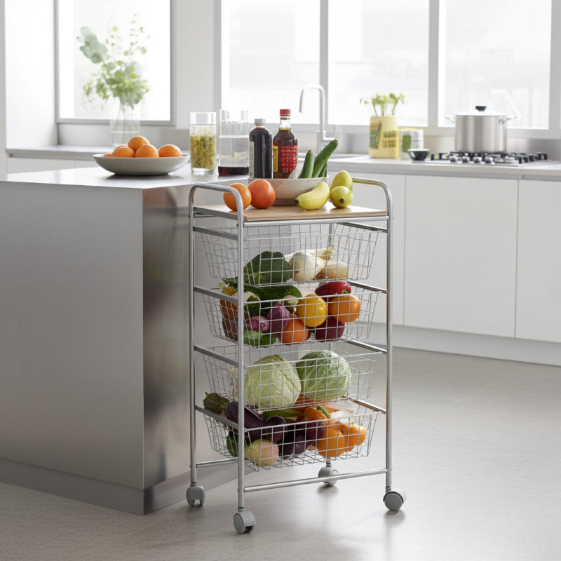 Carrello da cucina, Carrello portatutto, 4 cestini, piano di lavoro in betulla con effetto Listellato, NORA