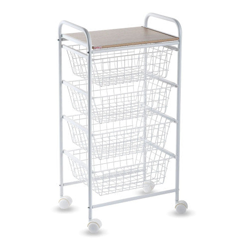 Carrello da cucina, Carrello portatutto, 4 cestini, piano di lavoro in betulla con effetto Listellato, NORA