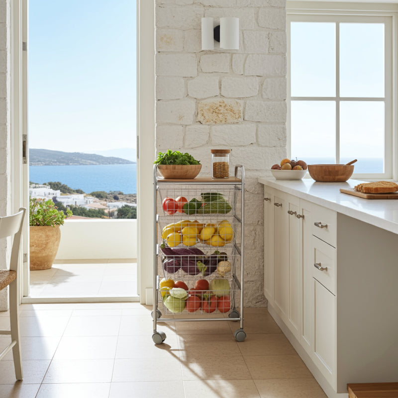 Carrello da cucina, Carrello portatutto, 4 cestini, piano di lavoro in betulla con effetto Listellato, NORA