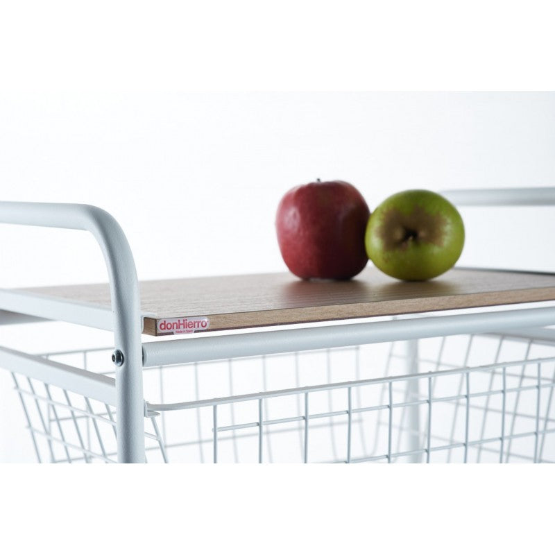 Carrello da cucina, Carrello portatutto, 4 cestini, piano di lavoro in betulla con effetto Listellato, NORA