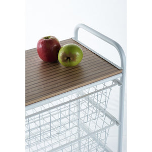 Carrello da cucina, Carrello portatutto, 4 cestini, piano di lavoro in betulla con effetto Listellato, NORA