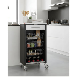 Carrello da cucina CHELSEA con ruote – Piano in acciaio inox, 3 cestelli, cassetto e portabottiglie