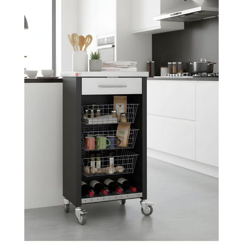 Carrello da cucina CHELSEA con ruote – Piano in acciaio inox, 3 cestelli, cassetto e portabottiglie